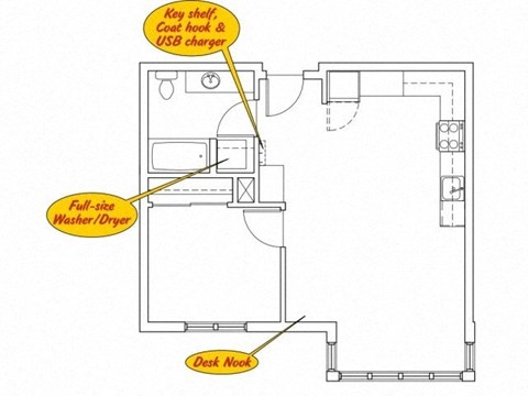Floor plan for 1 bed, 1 bath, 621 sqft